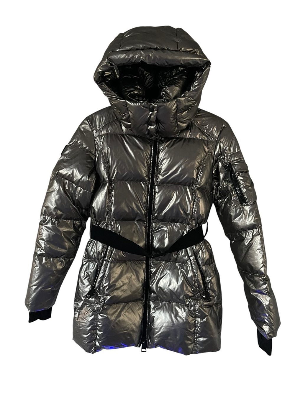 SAM. Metallic Silver Down Quilted Belted Puffer Jacket Girl Size 16